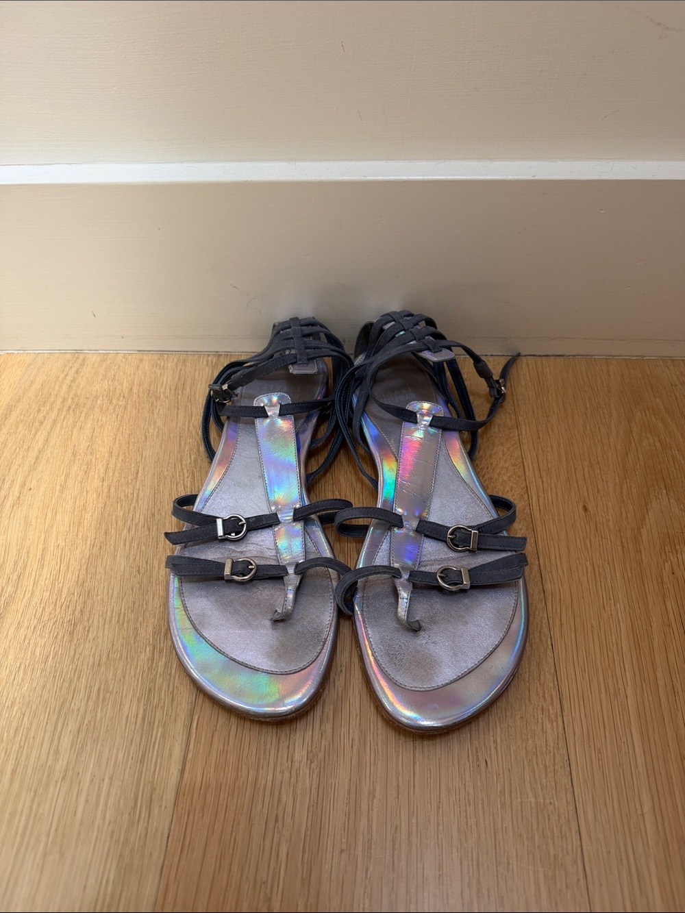 Iridescent Silver Strappy Women's Sandals with Ankle Wrap - Stuart Weitzman